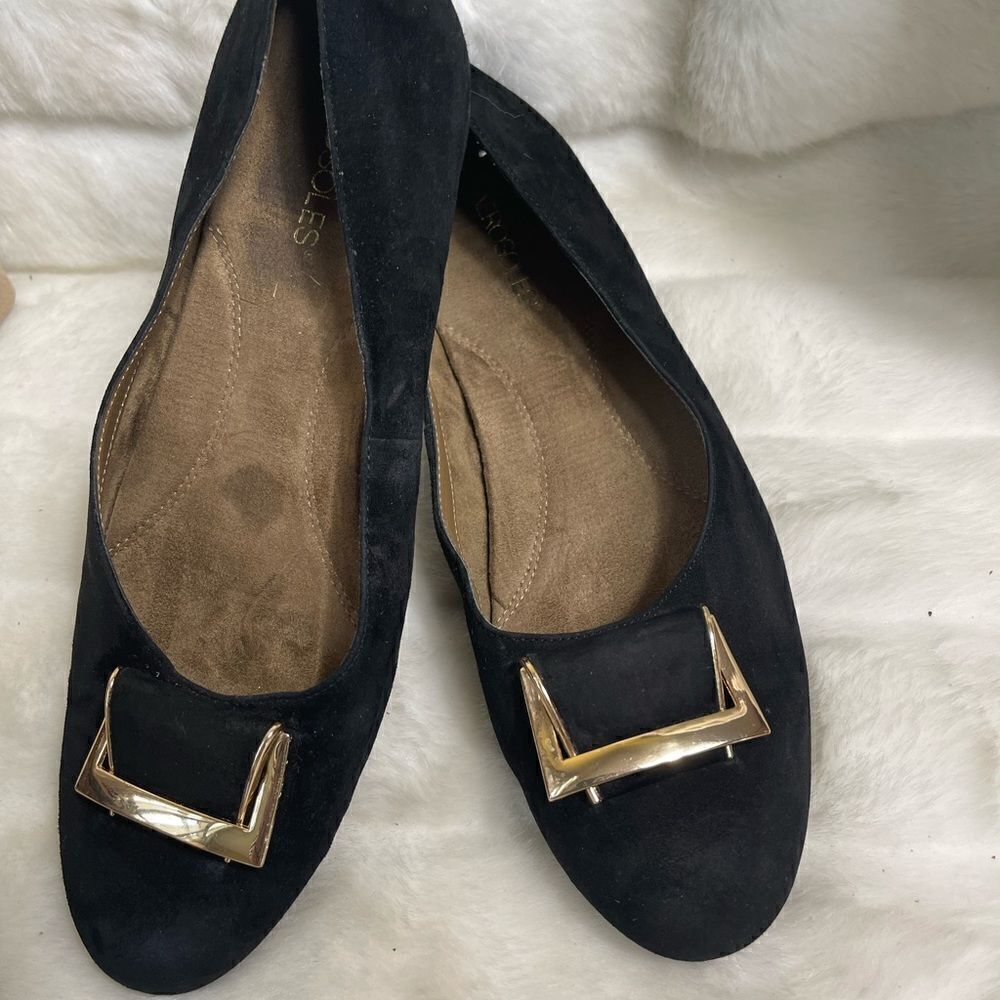 Aerosoles leather suede black slip on flats with gold tone buckle round toe SZ11 - Picture 5 of 10